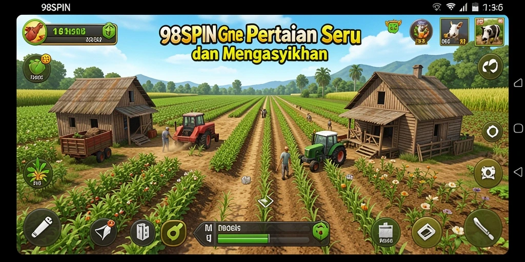 Tampilan gameplay 98SPIN yang menakjubkan dengan aktivitas bertani.