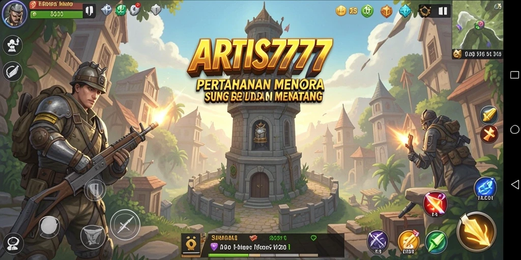 Tampilan aksi menegangkan dalam ARTIS777 yang menampilkan menara pertahanan.