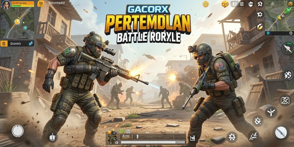 Screenshot menampilkan aksi seru dalam pertempuran Battle Royale GACORX.