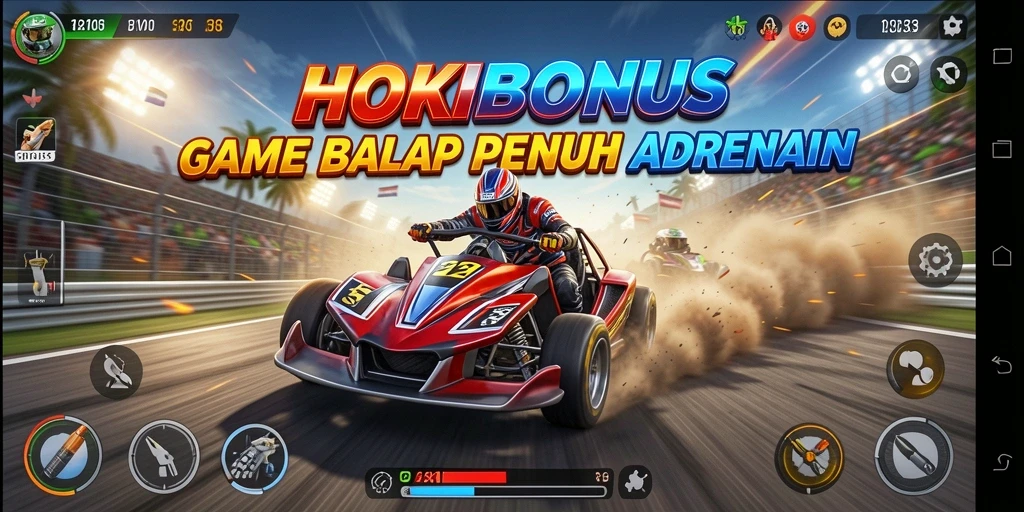 Tampilan screenshot utama HOKIBONUS menampilkan aksi balapan yang mendebarkan.