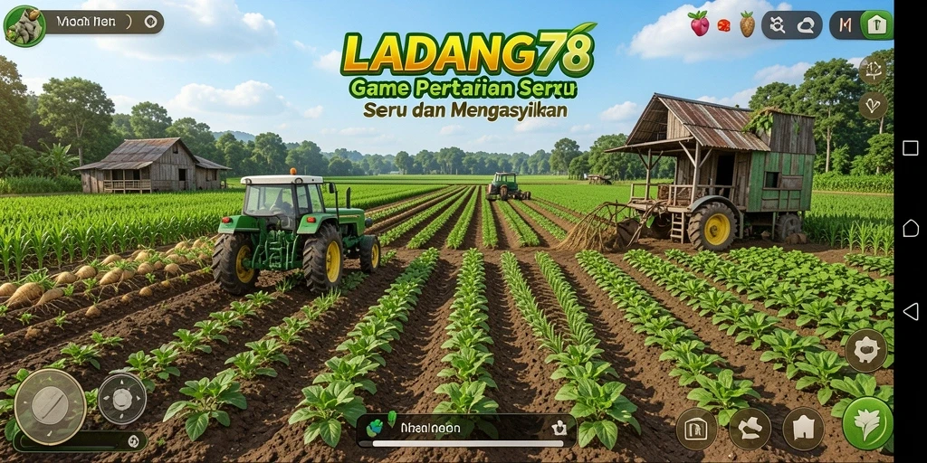 Screenshot game LADANG78 menampilkan ladang hijau subur dan tanaman yang siap dipanen.