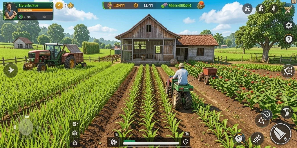 Screenshot gameplay LDN11 menampilkan ladang yang indah dengan tanaman yang subur.