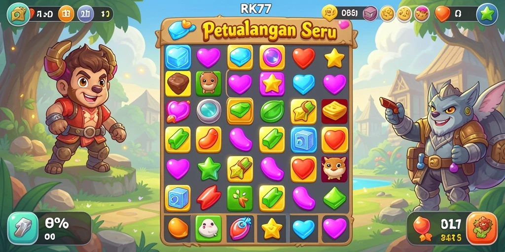 Gameplay seru di RK77 saat mencocokkan item Match-3.